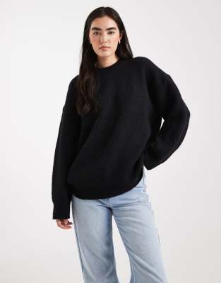 ASOS DESIGN - Gerippter Oversize-Pullover in Schwarz mit Rundhalsausschnitt und Cocoon-Ärmeln
