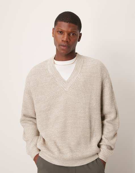 ASOS DESIGN – Gerippter Oversize-Seemannspullover in Beige meliert mit V-Ausschnitt - view 1