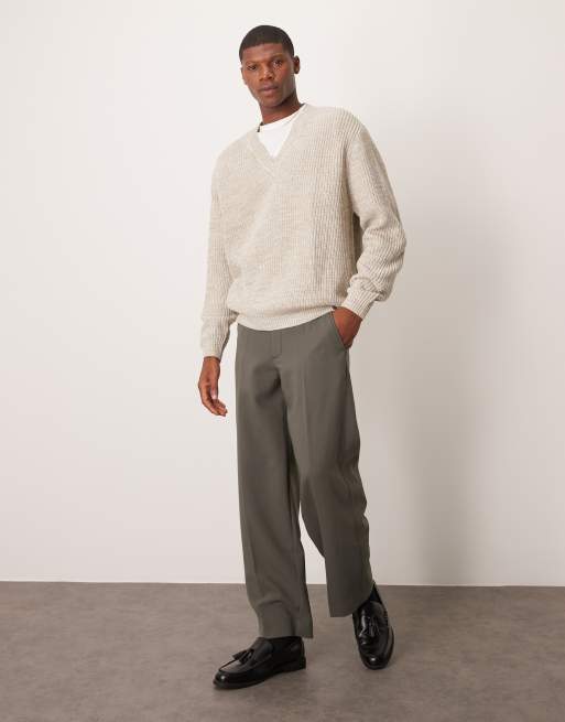 ASOS DESIGN – Gerippter Oversize-Seemannspullover in Beige meliert mit V-Ausschnitt, 4 von 4