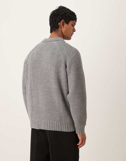 ASOS DESIGN – Gerippter Oversize-Strickpullover aus schwerem Wollmix in Grau meliert mit Polokragen, 3 von 5