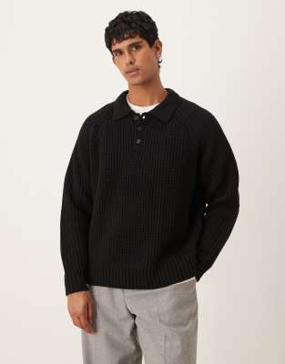 Gerippter Oversize-Strickpullover aus schwerem Wollmix in Schwarz mit Polokragen Schwarz L