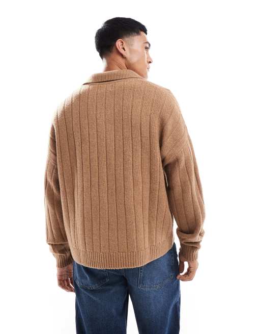 ASOS DESIGN – Gerippter Oversize-Strickpullover in meliertem Hellbraun mit eingekerbtem Ausschnitt, 2 von 4