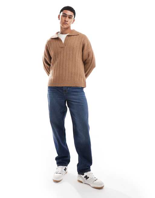 ASOS DESIGN – Gerippter Oversize-Strickpullover in meliertem Hellbraun mit eingekerbtem Ausschnitt, 3 von 4