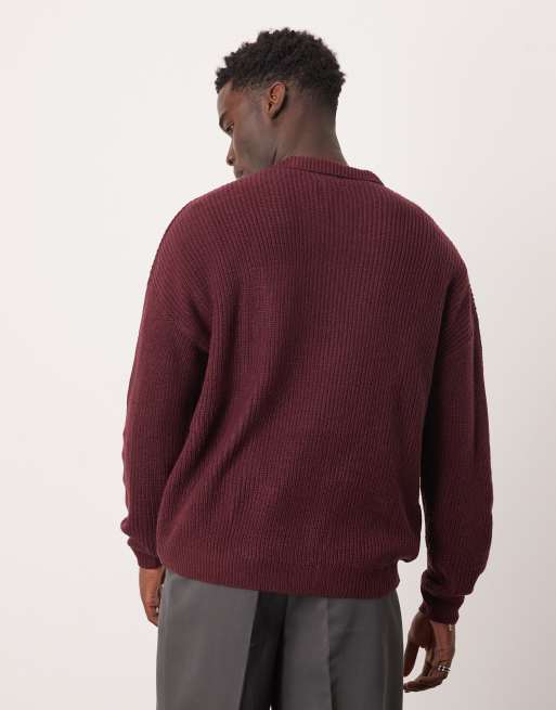 ASOS DESIGN – Gerippter Oversize-Strickpullover mit eingekerbtem Ausschnitt in Burgunderrot, 3 von 4