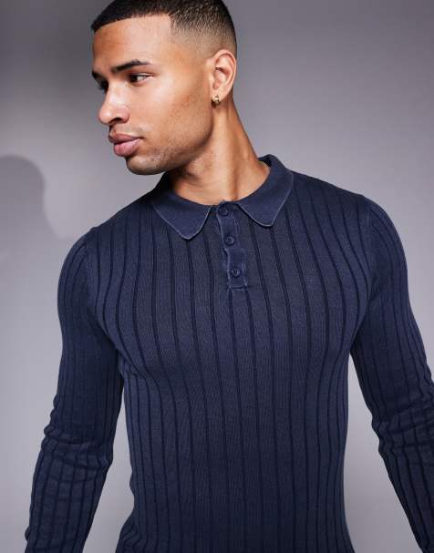 ASOS DESIGN – Gerippter Polo-Strickpullover mit Muskelshirt-Passform in verwaschenem Marineblau - view 1