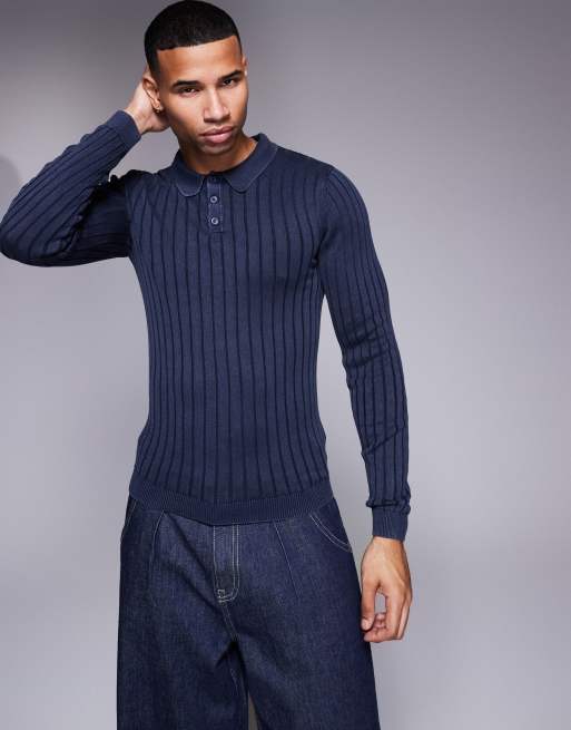 ASOS DESIGN – Gerippter Polo-Strickpullover mit Muskelshirt-Passform in verwaschenem Marineblau , 2 von 4