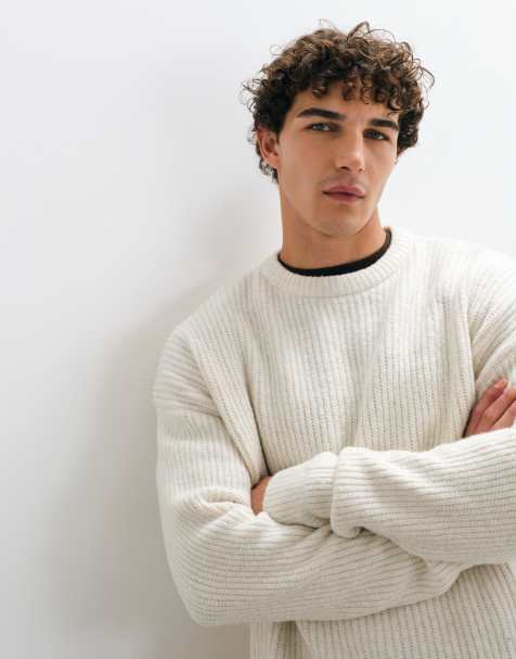 ASOS DESIGN gerippter Pullover aus Strick mit Wollmix in Oatmeal-Meliert - view 1