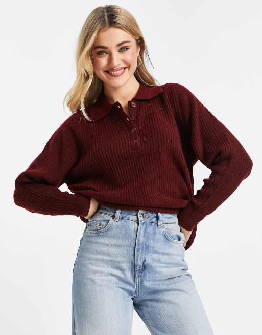 ASOS DESIGN – Gerippter Pullover in Dunkelrot mit Polokragen