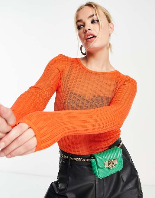 ASOS DESIGN – Gerippter Pullover in Orange aus transparentem Garn mit Rundhalsausschnitt, 4 von 4