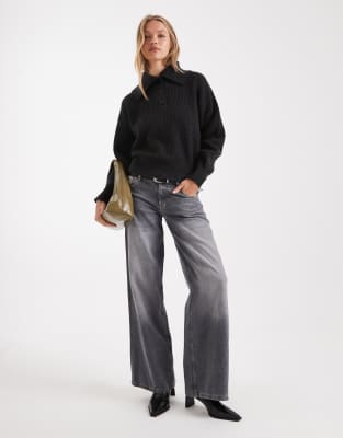 ASOS DESIGN - Gerippter Pullover in Schwarz mit Matrosenkragen und Patentmuster