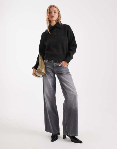 ASOS DESIGN – Gerippter Pullover in Schwarz mit Matrosenkragen und Patentmuster - view 1