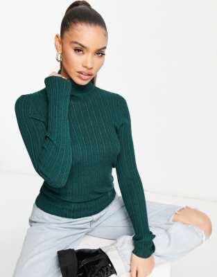 ASOS DESIGN – Gerippter Rollkragenpullover in Dunkelgrün