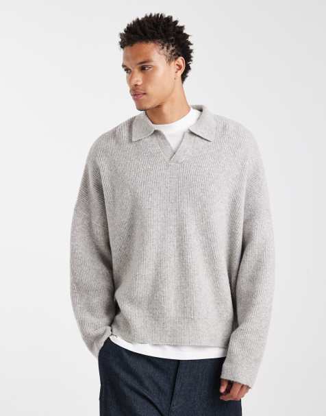 ASOS DESIGN – Gerippter Strickpullover in Hellgrau mit extremer, kastiger Oversize-Passform und eingekerbtem Ausschnitt - view 1