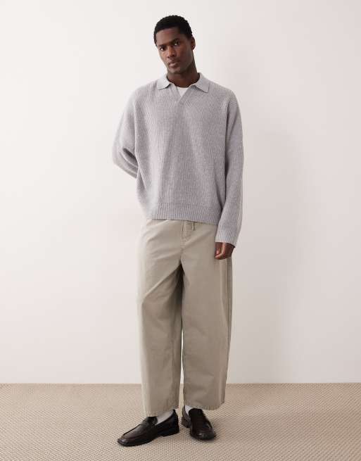 ASOS DESIGN – Gerippter Strickpullover in Hellgrau mit extremer, kastiger Oversize-Passform und eingekerbtem Ausschnitt, 2 von 5