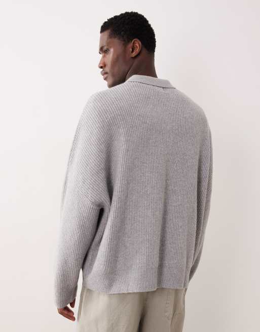 ASOS DESIGN – Gerippter Strickpullover in Hellgrau mit extremer, kastiger Oversize-Passform und eingekerbtem Ausschnitt, 3 von 5