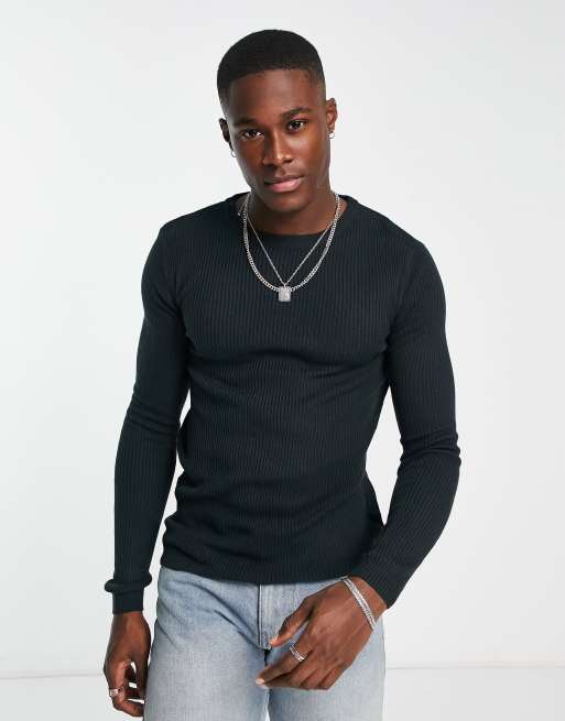 ASOS DESIGN – Gerippter Strickpullover in Marineblau mit Muskelshirt-Schnitt und Rundhalsausschnitt
