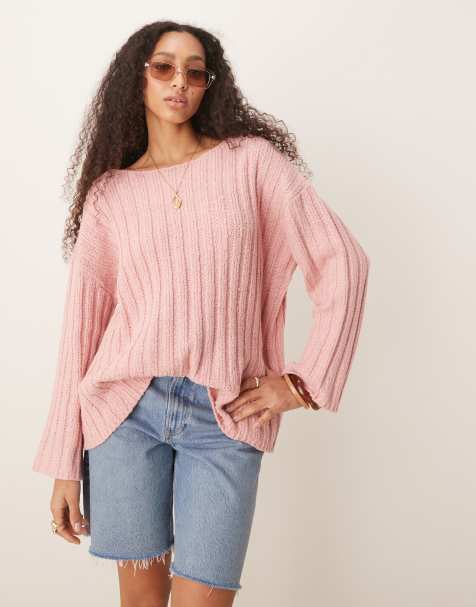 ASOS DESIGN – Gerippter Strickpullover in Rosa mit U-Boot-Ausschnitt - view 1