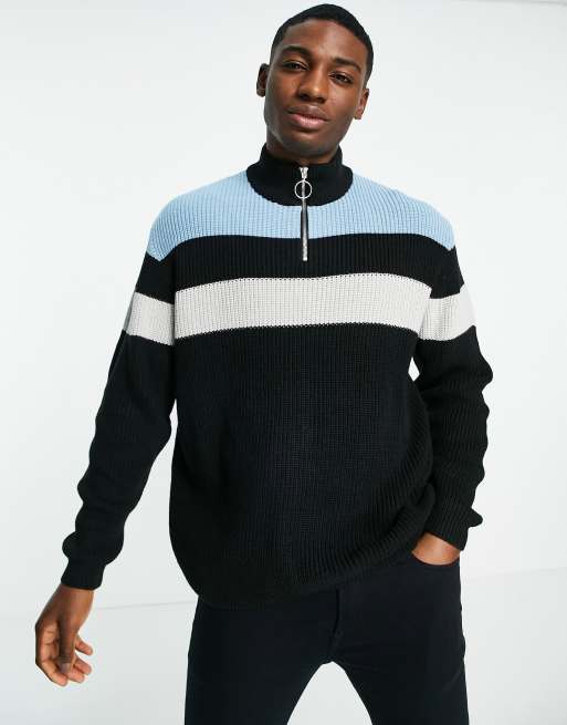 ASOS DESIGN – Gerippter Strickpullover mit kurzem Reißverschluss, Streifen auf der Brust und Colourblock-Design