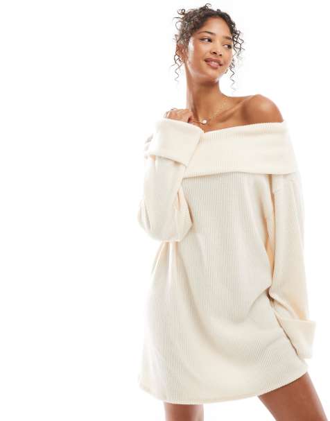 ASOS DESIGN – Geripptes Bardot-Minikleid in Hellbeige mit Umschlag - view 1