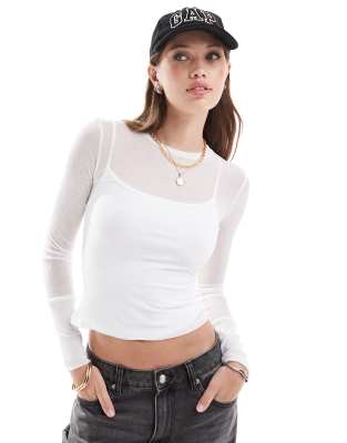 Thumbnail - ASOS DESIGN - Geripptes Baselayer-Oberteil aus Netzstoff in Creme mit Rundhalsausschnitt-Weiß