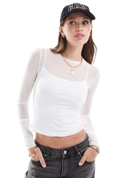 ASOS DESIGN – Geripptes Baselayer-Oberteil aus Netzstoff in Creme mit Rundhalsausschnitt - view 1