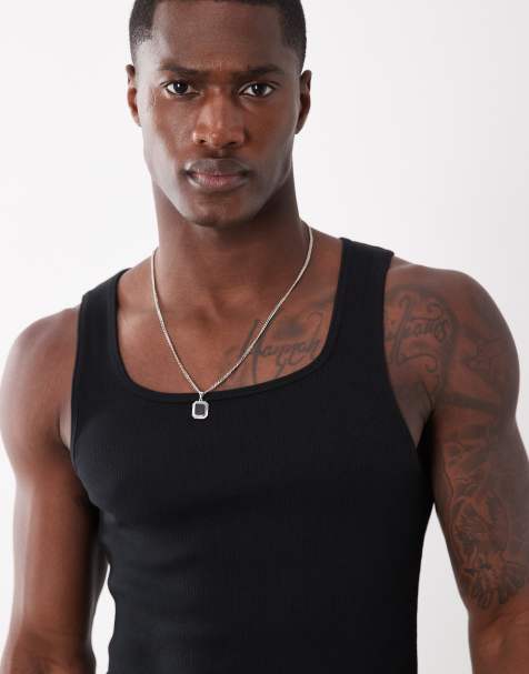 ASOS DESIGN – Geripptes Basic-Muskelshirt in Schwarz mit eckigem Ausschnitt - view 1