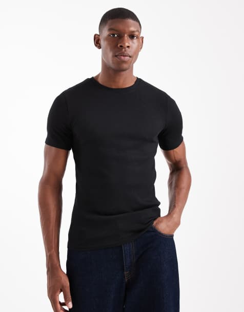 ASOS DESIGN – Geripptes Basic-T-Shirt in Schwarz mit körperbetontem Schnitt - view 1