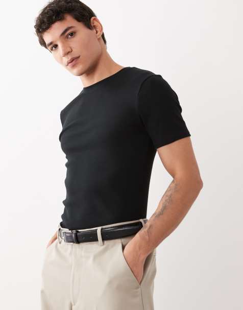 ASOS DESIGN – Geripptes Basic-T-Shirt in Schwarz mit körperbetontem Schnitt - view 1