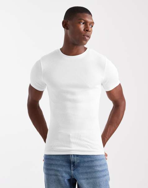 ASOS DESIGN – Geripptes Basic-T-Shirt in Weiß mit körperbetontem Schnitt - view 1