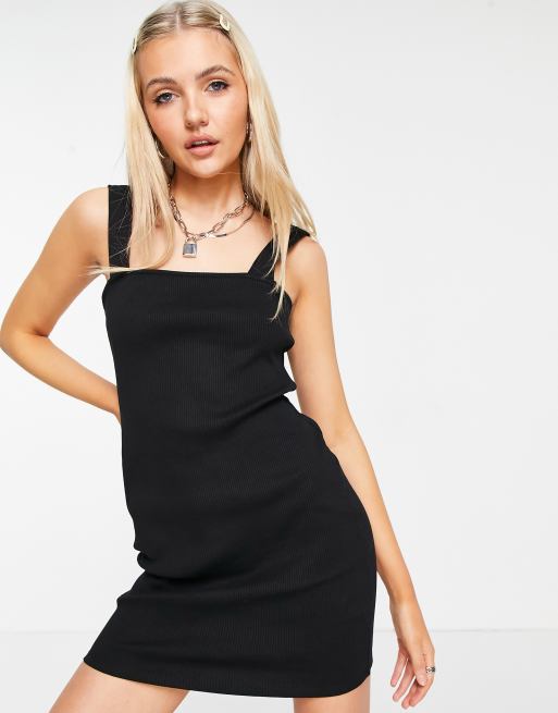 ASOS DESIGN – Geripptes Bodycon-Kleid in Schwarz mit eckigem Ausschnitt