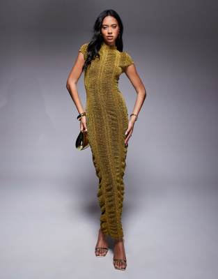 ASOS DESIGN - Geripptes Bodycon-Midikleid in Glitzer-Gold mit Kappärmeln-Goldfarben