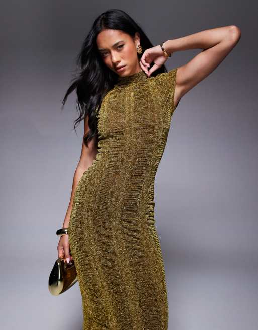 ASOS DESIGN – Geripptes Bodycon-Midikleid in Glitzer-Gold mit Kappärmeln, 2 von 4