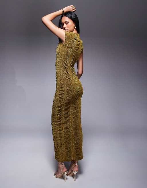 ASOS DESIGN – Geripptes Bodycon-Midikleid in Glitzer-Gold mit Kappärmeln, 4 von 4