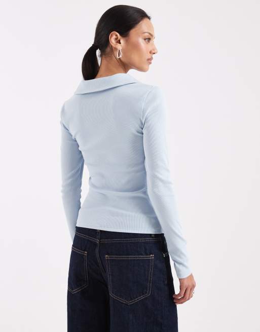 ASOS DESIGN – Geripptes, eng geschnittenes Langarmshirt in Hellblau mit Henley-Ausschnitt und Kragen, 4 von 4