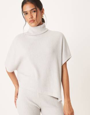 ASOS DESIGN - Geripptes, gebürstetes Oberteil in Grau mit hohem Kragen, Kombiteil