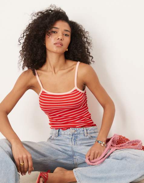 ASOS DESIGN – Geripptes, gestreiftes Camisole in Rot und Weiß mit farblich abgesetzter Einfassung - view 1