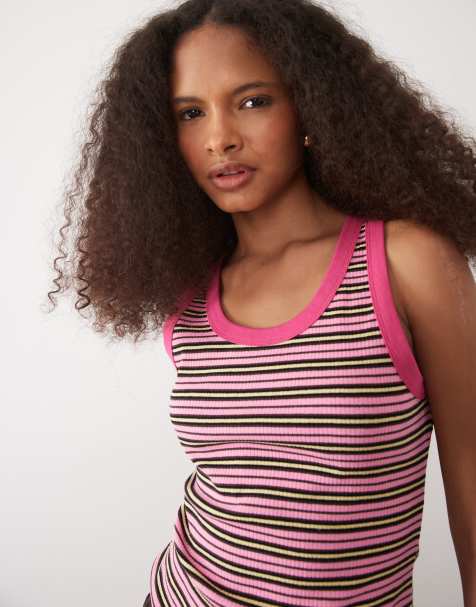 ASOS DESIGN – Geripptes, gestreiftes Tanktop in Rosa und Schwarz mit Kontrastbesatz - view 1