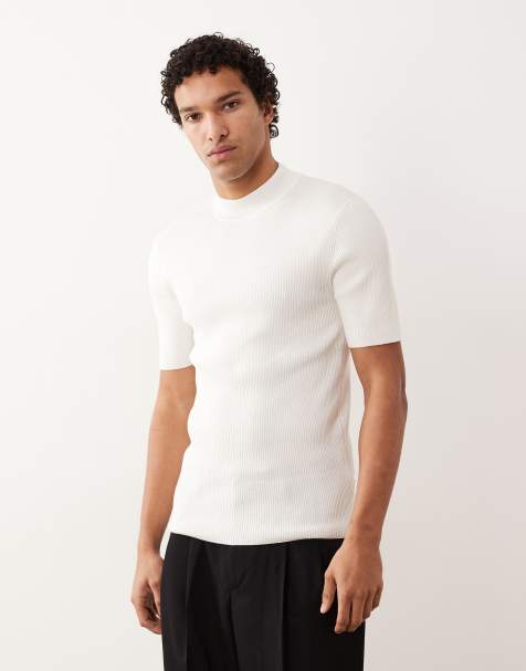 ASOS DESIGN – Geripptes, gestricktes Muskel-T-Shirt aus Baumwollmix in Wollweiß mit Stehkragen - view 1