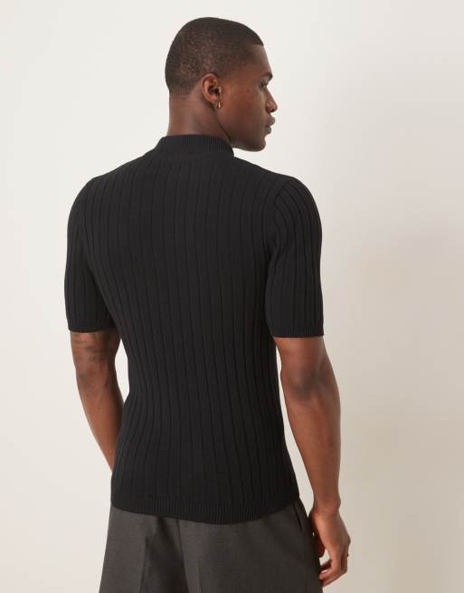 ASOS DESIGN – Geripptes, gestricktes Muskel-T-Shirt in Schwarz mit Stehkragen, 4 von 4