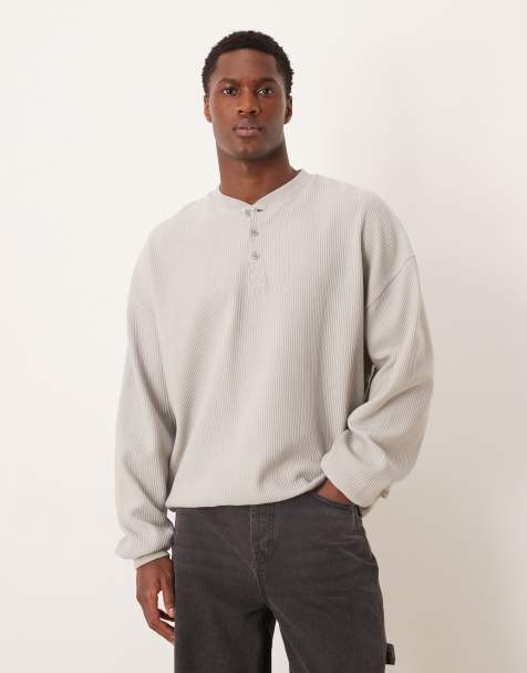 ASOS DESIGN – Geripptes Henley-Oberteil in Steinbeige mit extremer Oversize-Passform - view 1
