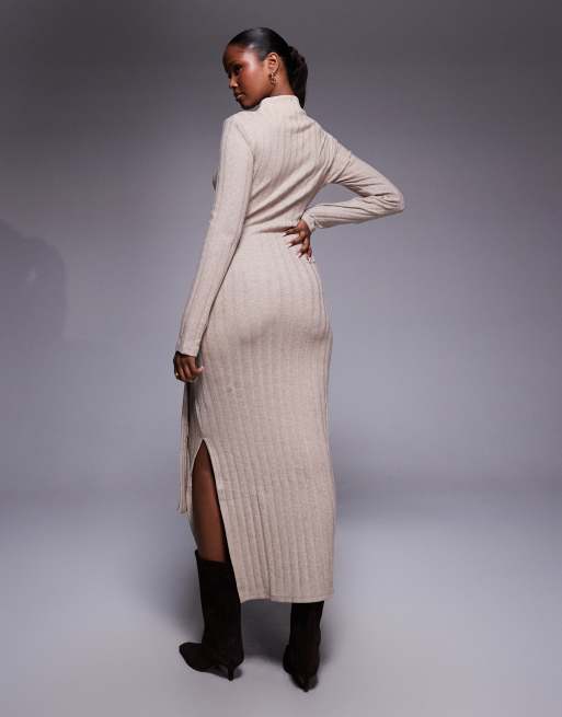 ASOS DESIGN – Geripptes, hochgeschlossenes Midikleid in Neutral mit gebundener Vorderseite, 4 von 4