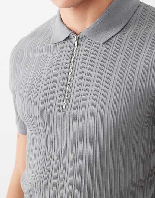 ASOS DESIGN – Geripptes, körperbetontes Polohemd in Anthrazit mit Reißverschluss, 5 von 5