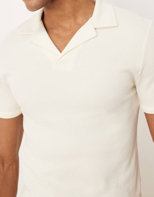 ASOS DESIGN – Geripptes, körperbetontes Polohemd in Cremeweiß mit Reverskragen, 5 von 5
