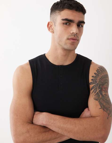 ASOS DESIGN – Geripptes, körperbetontes Tanktop in Schwarz mit Henley-Ausschnitt - view 1