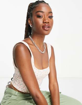 ASOS DESIGN rib corset top with square neck in floral print  - ASOS Price Checker