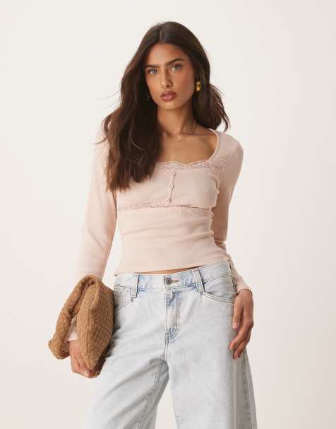 ASOS DESIGN – Geripptes Langarm-Top in Rosa mit Spitze und Knopfdetail - view 1