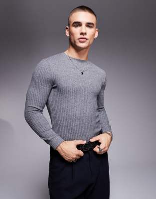 ASOS DESIGN – Geripptes, langärmliges Muskelshirt aus angerautem Material in Grau - view 1