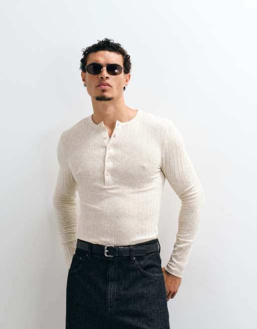 ASOS DESIGN – Geripptes, langärmliges Muskelshirt in Leinenoptik mit Henley-Ausschnitt, 4 von 5