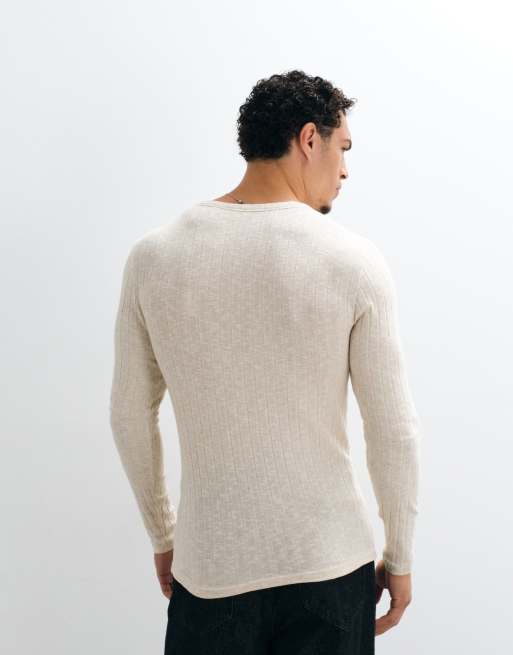 ASOS DESIGN – Geripptes, langärmliges Muskelshirt in Leinenoptik mit Henley-Ausschnitt, 5 von 5