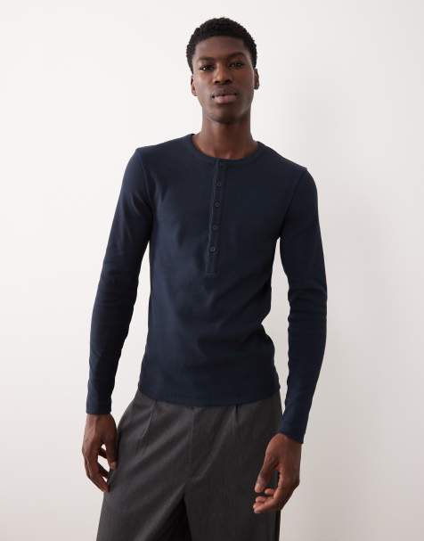 ASOS DESIGN – Geripptes, langärmliges Muskelshirt in Marineblau mit Henley-Ausschnitt - view 1